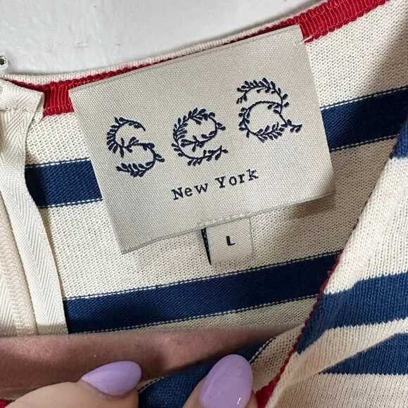 SEA NY Striped Eyelet Long Sleeve Shift Dress Women L Stretch Cotton Scoop Neck - Picture 5 of 8